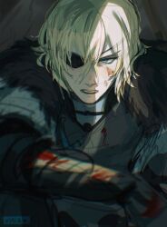 1boy absurdres armor artist_name black_fur blood blood_on_armor blood_on_face blue_eyes breastplate commentary dimitri_alexandre_blaiddyd dimitri_alexandre_blaiddyd_(timeskip) english_commentary eyepatch fire_emblem fire_emblem:_three_houses gauntlets grey_fur hair_between_eyes highres looking_to_the_side male_focus medium_hair nintendo one_eye_covered open_mouth parted_bangs sideways_glance sketch solo teeth upper_body upper_teeth_only viria13