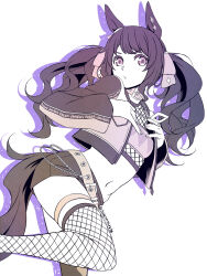 Rule 34 | 1girl, animal ears, asymmetrical legwear, belt, belt chain, belt collar, collar, crop top, cropped jacket, fishnet thighhighs, fishnets, hair ribbon, hands on own chest, highres, horse ears, horse girl, horse tail, jewelry, long hair, long sleeves, looking at viewer, mamoru (arizona), midriff, mismatched legwear, navel, necklace, ribbon, sidelocks, simple background, solo, tail, thigh strap, thighhighs, tosen jordan (umamusume), twintails, umamusume, white background
