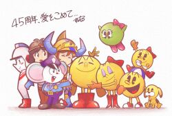 Rule 34 | 1girl, 2girls, 6+boys, animal, anniversary, blush stickers, boots, brown eyes, brown hair, closed eyes, closed mouth, congratulations, crossover, dig dug, dog, druaga no tou, fake horns, flower, gilgamesh (druaga), gloves, h9a3e17e 8, hamster, happy, hat, helmet, highres, holding, horned helmet, horns, ki (druaga), mappy, mappy (character), miru (pac-man), ms. pac-man, multiple boys, multiple crossover, multiple girls, namco, one eye closed, open mouth, pac-man, pac-man (game), pooka (dig dug), shirt, short hair, smile, top hat