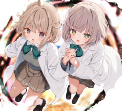 2girls :o blunt_bangs bow bowtie breasts brown_eyes brown_hair brown_skirt green_bow green_bowtie green_eyes green_shirt highres holding_hands komone_ushio lab_coat loafers medium_breasts medium_hair multiple_girls original school_uniform shirt shoes skirt socks sparkling_eyes white_socks