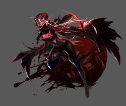 Rule 34 | 1girl, absurdres, assassin, belt boots, black boots, black shrug, black thighhighs, blood, blood on breasts, blood on clothes, blood on face, blood splatter, bloody weapon, bodystocking, boots, breasts, cape, cleavage, cloak, dark-skinned female, dark skin, dual wielding, dungeon and fighter, evil smile, full body, glowing, glowing eye, grey background, highres, holding, holding knife, holding weapon, hood, hooded cloak, kim hana, knife, large breasts, leather, leather boots, pointy ears, red eyes, shadow dancer (dungeon and fighter), shrug (clothing), simple background, smile, solo, thief (dungeon and fighter), thigh boots, thighhighs, torn cape, torn clothes, turtleneck, weapon, weapon in garters, white hair