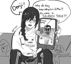 1girl alternate_universe banban_(garten_of_banban) braid cellphone chainsaw_man commentary couch english_commentary english_text g-man garten_of_banban greyscale hair_over_one_eye hair_over_shoulder half-life_(series) highres holding holding_phone monochrome nayuta_(chainsaw_man) opila_bird pants phone piro_(piropoi) ringed_eyes single_braid sitting skibidi_toilet_(series) smartphone solo sweater track_pants twitter_username