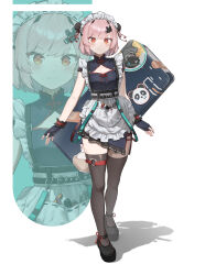 absurdres apron black_thighhighs breasts chinese_clothes cleavage double_bun fingerless_gloves gloves hair_bun highres maid maid_headdress pink_hair pisik qi_maid red_eyes shoes short_hair smile snowbreak:_containment_zone snowbreak_design_contest tassel thighhighs