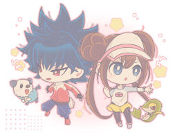 1boy 1girl :o black_gloves black_hair blue_eyes bright_pupils brown_hair chibi commentary_request fingerless_gloves gen_5_pokemon gloves hugh_(pokemon) jacket kkodle2 long_hair long_sleeves nintendo open_mouth oshawott pants pantyhose pokemon pokemon_bw2 raglan_sleeves rosa_(pokemon) shirt shoes shorts snivy spiked_hair three-quarter_sleeves twintails visor_cap white_pupils yellow_shorts