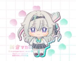 1girl blush_stickers bow bowtie brown_shoes closed_mouth collared_shirt firefly_(honkai:_star_rail) firefly_(spring_missive)_(honkai:_star_rail) gradient_eyes green_bow green_bowtie green_pupils grey_hair grey_hairband grey_ribbon grey_sailor_collar grey_skirt grid_background hair_between_eyes hair_intakes hair_ornament hair_ribbon hairband heart honkai:_star_rail honkai_(series) long_hair lowres macaroon_mcr2 multicolored_eyes pleated_skirt ribbon sailor_collar shirt shoes skirt smile solo thighhighs twitter_username white_background white_shirt white_thighhighs