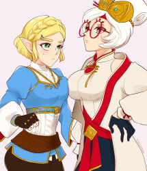 Rule 34 | 2girls, artist name, black gloves, black pants, blonde hair, blue shirt, braid, breast press, breasts, closed mouth, coat, commentary request, cowboy shot, crown braid, fingerless gloves, glasses, gloves, goggles, goggles on head, gold trim, green eyes, hand on own hip, highres, large breasts, medium breasts, multiple girls, nintendo, pants, pink background, pointy ears, princess zelda, purah, red-framed eyewear, red eyes, round eyewear, sheikah, shirt, short hair, simple background, sleeveless, sleeveless shirt, teraichigo, the legend of zelda, the legend of zelda: tears of the kingdom, white coat, white hair, white shirt