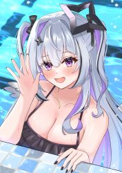 1girl absurdres akagawashake alternate_costume amane_konata bikini black_bikini black_hair black_nails black_ribbon blush breasts cleavage diamond_hair_ornament grey_hair hair_ribbon halo highres hololive large_breasts long_hair looking_at_viewer multicolored_hair nail_polish open_mouth pool purple_eyes purple_hair ribbon smile solo star_halo streaked_hair swimsuit very_long_hair virtual_youtuber water