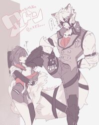 1boy 1girl against_wall animal_ear_fluff animal_ears animal_nose arm_behind_back arm_belt awestruck bangboo_(zenless_zone_zero) belle_(zenless_zone_zero) body_fur breast_pocket cardigan carrying closed_eyes closed_mouth collared_vest eous_(zenless_zone_zero) fingerless_gloves foot_against_wall foot_kabedon furry furry_male gloves height_difference hood hooded_cardigan kabedon leg_up light_smile long_sleeves looking_at_another multicolored_hair muted_color muzzle_(mask) open_mouth pants pocket robot shirt short_hair single_thighhigh sio333_gn skirt snout sparkle spread_legs standing standing_on_one_leg tail tail_belt thighhighs translation_request two-tone_hair vest von_lycaon wolf_boy wolf_ears wolf_tail zenless_zone_zero
