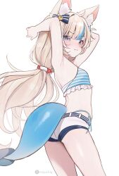 1girl animal_ear_fluff animal_ears armpits blonde_hair blue_eyes blue_hair blush cat_ears fins fish_girl fish_tail highres indie_virtual_youtuber long_hair looking_at_viewer miyuchiq multicolored_hair presenting_armpit sameko_saba short_shorts shorts simple_background solo streaked_hair swimsuit tail twitter_username virtual_youtuber white_background
