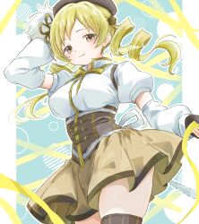 1girl beret blonde_hair blush breasts corset cowboy_shot drill_hair fingerless_gloves flower_hairpin gloves green_background hair_ornament hat highres lace large_breasts long_hair magical_girl mahou_shoujo_madoka_magica peke_peke_s puffy_sleeves ribbon skirt smile solo striped_clothes striped_thighhighs thighhighs tomoe_mami twin_drills twintails vertical-striped_clothes vertical-striped_thighhighs white_background yellow_eyes
