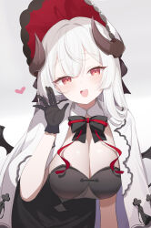 1girl black_bow black_bowtie black_dress black_gloves black_wings blush bonnet bow bowtie breasts brown_horns cleavage commentary demon_girl demon_horns demon_wings deyui dress gloves hair_intakes heart highres horns large_breasts leaning_forward long_hair looking_at_viewer low_wings open_mouth red_bonnet red_eyes red_ribbon ribbon robe simple_background smile solo stella_sora teeth two-tone_headwear upper_body upper_teeth_only virigia_(stella_sora) white_background white_bonnet white_hair white_robe wings