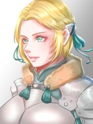 1girl armor artist_name blonde_hair bow female_focus fire_emblem fire_emblem:_three_houses fur_trim green_eyes hair_ornament highres ingrid_brandl_galatea ingrid_brandl_galatea_(timeskip) nintendo portrait short_hair solo white_background yumikari07