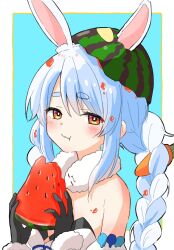 Rule 34 | 1girl, :t, bare shoulders, black gloves, black leotard, blue background, blue hair, border, braid, brown eyes, carrot hair ornament, closed mouth, commentary request, detached sleeves, don-chan (usada pekora), dress, eating, exploding watermelon challenge, food, food-themed hair ornament, food in hair, food on head, fruit, fur-trimmed gloves, fur trim, gloves, hair between eyes, hair ornament, highres, holding, holding food, hololive, kiritoma, leotard, multicolored hair, object on head, puffy short sleeves, puffy sleeves, rabbit-shaped pupils, short eyebrows, short sleeves, solo, strapless, strapless dress, strapless leotard, symbol-shaped pupils, thick eyebrows, twin braids, twintails, two-tone hair, upper body, usada pekora, usada pekora (1st costume), virtual youtuber, watermelon, watermelon slice, wavy mouth, white border, white dress, white hair, white sleeves