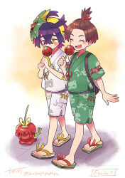 2boys alternate_hairstyle backpack bag black_hair blush brown_hair candy_apple closed_eyes commentary_request crossed_bangs dipplin florian_(pokemon) food hairband half_updo highres holding holding_food japanese_clothes kieran_(pokemon) male_focus mask mask_on_head mole mole_on_neck multicolored_hair multiple_boys nagare750 nintendo open_mouth pokemon pokemon_(creature) pokemon_sv purple_hair twitter_username walking yellow_eyes yellow_hairband