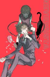 2boys black_cat black_jacket black_pants brown_hair cat collared_shirt formal_clothes hair_between_eyes highres jacket lying male_focus multiple_boys necktie on_back open_mouth original pants pill qyzhiaiyisheng red_background shirt short_hair shorts sitting suit white_shirt
