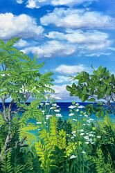 blue_sky cloud commentary day english_commentary flower highres horizon kate_avery lake no_humans original outdoors plant real_world_location scenery sky tree united_states water white_flower
