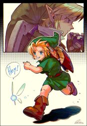 2boys belt blonde_hair blue_eyes blush border brown_footwear child collar commentary creature earrings green_headwear green_tunic grin highres holding holding_instrument hoop_earrings instrument jewelry kwsby_124 link multiple_boys multiple_views navi nintendo ocarina patterned_background pointy_ears running shield shoes short_sleeves signature simple_background smile speech_bubble sword the_legend_of_zelda the_legend_of_zelda:_ocarina_of_time tunic weapon white_background white_collar