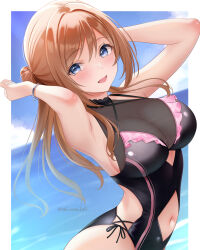 Rule 34 | 1girl, akiyomi, black one-piece swimsuit, blue eyes, blue sky, blush, bracelet, breasts, brown hair, cleavage, clothing cutout, frills, gakuen idolmaster, hair bun, highres, himesaki rinami, idolmaster, jewelry, large breasts, long hair, looking at viewer, navel, navel cutout, ocean, one-piece swimsuit, open mouth, outdoors, pink one-piece swimsuit, see-through clothes, see-through one-piece swimsuit, sky, smile, solo, swimsuit, water