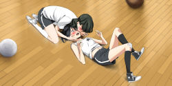 10s 2girls aconitea bad_id bad_pixiv_id ball bandages bandaid black_hair black_rock_shooter blush closed_eyes full-face_blush gym gym_shorts gym_uniform kiss kneehighs kneeling kuroi_mato long_hair lying midriff multiple_girls navel on_back on_floor open_mouth shirt shoes short_hair shorts sneakers socks surprised sweatdrop t-shirt takanashi_yomi yuri
