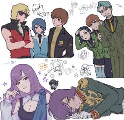 3girls 6+boys :o absurdres allelujah_haptism amuro_ray bare_shoulders beard belt black_belt black_eyes black_hair black_jacket black_pants black_shirt black_skirt blonde_hair blue_eyes blue_jacket breast_cutout brown_eyes brown_hair challia_bull char_aznable character_request chibi chibi_inset cle_423 clenched_teeth closed_mouth collared_shirt commentary comoli_harcourt crossed_arms earrings epaulettes facial_hair frown furrowed_brow garma_zabi gloves green_hair green_jacket green_pants grey_belt gundam gundam_00 gundam_gquuuuuux gundam_zz hair_between_eyes hair_over_one_eye hand_on_another&#039;s_arm hand_on_another&#039;s_shoulder hand_up haro head_tilt high_collar highres jacket jewelry judau_ashta kamille_bidan kikeroga_(gquuuuuux) lalah_sune leaning_to_the_side light_frown long_hair long_sleeves looking_at_another looking_at_viewer lying military_uniform mobile_suit_gundam mole mole_under_mouth multiple_boys multiple_girls multiple_views mustache necktie nervous_sweating on_side open_clothes open_jacket open_mouth pants purple_hair quattro_bajeena red_gloves red_jacket roux_louka shirouzu_(gundam) shirt short_hair simple_background skirt sleeveless sleeveless_jacket sleeveless_shirt smile striped_clothes striped_shirt sunglasses sweat teeth thumbs_up turtleneck video_camera white_background white_gloves white_shirt wing_collar xavier_olivette yellow_necktie yellow_shirt zeta_gundam