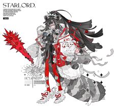 Rule 34 | 1girl, ahoge, bag, black hair, blunt bangs, clothes pin, club, club (weapon), crown, flower, glasses, highres, huge ahoge, jacket, long hair, original, pantyhose, raccoon girl, raccoon tail, s xing guowang, shoes, shoulder bag, skirt, sneakers, spiked club, spiked shoes, spikes, standing, tail, tanuki, very long hair, weapon, white background