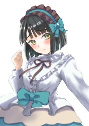 1girl absurdres black_hair blue_hairband blunt_bangs blunt_ends blush bob_cut bow_hairband breasts brown_hairband center_frills closed_mouth commentary embarrassed frilled_hairband frilled_shirt frills frown green_eyes hairband highres link!_like!_love_live! long_sleeves looking_at_viewer love_live! love_live!_series_anniversary_parade medium_breasts momose_ginko official_alternate_costume ponyou1030 raised_inner_eyebrows selfie shirt short_hair simple_background skirt solo split_mouth two-tone_hairband upper_body virtual_youtuber white_background white_shirt yellow_skirt