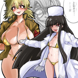 Rule 34 | 1boy, 2girls, @ @, alucard (hellsing), armband, arms behind back, bikini, black hair, blonde hair, blush, breasts, brown jacket, cleavage, eyebrows hidden by hair, fangs, fur hat, girlycard, gold bikini, groin, hat, hellsing, highres, jacket, large breasts, long hair, looking at viewer, major (hellsing), multiple girls, navel, open mouth, outstretched arms, red armband, red eyes, scarf, seras victoria, shiming liangjing, short hair, small breasts, smile, speech bubble, spread arms, stomach, swimsuit, teeth, white hat, white jacket, white scarf
