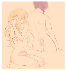 Rule 34 | 2girls, back tattoo, barbara (genshin impact), blonde hair, butt crack, completely nude, drill hair, genshin impact, highres, multiple girls, nude, odd0o99, on bed, pubic tattoo, purple hair, rosaria (genshin impact), tattoo, tramp stamp, twin drills