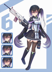 1girl assault_rifle black_gloves black_hair black_skirt blush boots breasts closed_mouth fingerless_gloves full_body gloves gradient_hair gun hair_between_eyes headset holding holding_gun holding_weapon knee_boots long_hair long_sleeves looking_at_viewer medium_breasts multicolored_hair multiple_expressions multiple_views necktie open_mouth original pleated_skirt purple_eyes purple_hair rifle shaded_face side_ponytail skirt standing standing_on_one_leg thighhighs thighhighs_under_boots tooto_(ryuto333) trigger_discipline very_long_hair weapon