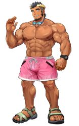 1boy abs bara biceps black_hair blonde_hair earrings eyewear_around_neck facial_hair full_body goatee green_sandals grin jewelry kiloc_(live_a_hero) large_pectorals live_a_hero male_focus male_swimwear multicolored_hair muscular muscular_male nipples official_art pectorals pink_male_swimwear ring sandals smile solo suamaru thick_eyebrows toes topless_male transparent_background two-tone_hair veins veiny_hands watch wristwatch