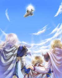 1990s_(style) 1girl 2boys age_difference armor blonde_hair cape cecil_harvey ceodore_harvey cloud family father_and_son final_fantasy final_fantasy_iv final_fantasy_iv:_the_after_years husband_and_wife long_hair mother_and_son multiple_boys robe rosa_farrell short_hair shoulder_pads silver_hair sky yan_kirihara yank