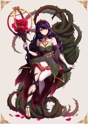 absurdres alternate_costume armpit_crease bare_shoulders blunt_bangs breasts brown_background cleavage closed_mouth commentary curly_hair detached_collar detached_sleeves dress eda_(epic_seven) english_commentary epic_seven flower full_body gloves glowing head_tilt headpiece highres holding holding_staff holding_weapon large_breasts leaning_back leaning_to_the_side light_particles long_hair looking_to_the_side lunerei petals plant pointy_ears puffy_short_sleeves puffy_sleeves purple_hair red_eyes red_flower red_petals red_rose rose rose_petals short_sleeves single_thighhigh sitting socks staff thick_thighs thighhighs thighs thorns tiara vines weapon white_gloves white_socks
