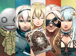 blonde_hair book breasts closed_mouth commentary_request dress emil_(nier) flower grimoire_weiss hasegawa_(morebeer) highres kaine_(nier) looking_at_viewer multiple_boys multiple_girls nier nier_(brother) nier_(brother)_(post_timeskip) nier_(father) nier_(series) nude scarf short_hair white_hair yonah
