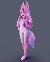 1girl 3d animal_ears brand_new_animal breasts fox_ears fox_tail furry furry_female highres hiwatashi_nazuna long_hair multicolored_hair nipples one_eye_closed pink_hair pussy red_eyes small_breasts streaked_hair tail v