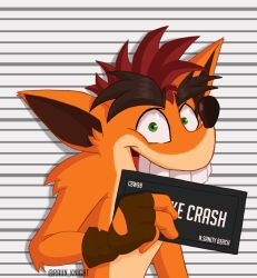 1boy artist_name barbie_mugshot_(meme) character_name crash_bandicoot_(series) english_text fake_crash highres looking_at_viewer male_focus meme mugshot portrait raiin_knight solo watermark