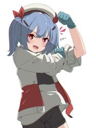 Rule 34 | 1girl, aqua gloves, beret, black shirt, black shorts, blue hair, bow, bright pupils, colphne (girls&#039; frontline 2), commentary request, girls&#039; frontline, girls&#039; frontline 2: exilium, gloves, hair bow, hat, highres, jacket, looking at viewer, medium hair, open clothes, open jacket, open mouth, plasbott, red bow, red eyes, shirt, short twintails, shorts, simple background, sleeves rolled up, solo, teeth, twintails, two-tone shirt, upper teeth only, white background, white hat, white jacket, white pupils, white shirt