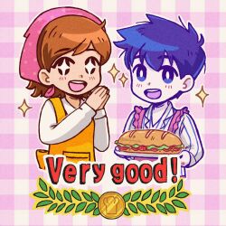 Rule 34 | + +, 1boy, 1girl, apron, blush, bright pupils, brown eyes, brown hair, chibi, chibi only, colored skin, cooking mama, crossover, english text, food, hero (headspace) (omori), hero (omori), highres, long sleeves, mama (cooking mama), omori, open mouth, pajamas, pink apron, purple eyes, purple hair, sandwich, shirt, short hair, smile, sparkle, starlyfnnctn, teeth, tongue, upper teeth only, white pupils, white shirt, white skin, yellow apron