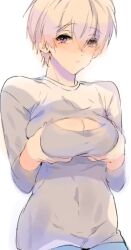 1girl breasts cleavage mikanaikaru pants short_hair tagme tomboy