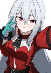 Rule 34 | 1girl, aqua gloves, arknights, blush, breasts, clothing cutout, dress, gloves, grey hair, hair between eyes, highres, infection monitor (arknights), long hair, looking at viewer, medium breasts, navel, navel cutout, outstretched arm, parted lips, red dress, red eyes, selfie, simple background, skadi (arknights), skadi the corrupting heart (arknights), solo, v, very long hair, watakaze, white background