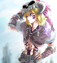 1boy abs absurdres adjusting_clothes adjusting_headwear arm_tattoo barbarian barbarian_set_(zelda) belt blonde_hair blue_eyes brown_gloves chest_tattoo collarbone commentary_request facial_tattoo fingerless_gloves fur_gloves fur_shirt gloves hand_on_own_hip highres link looking_afar medium_hair nintendo o-ring o-ring_top parted_lips pointy_ears skull_on_head solo tattoo the_legend_of_zelda the_legend_of_zelda:_breath_of_the_wild tomo.puri toned toned_male