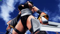 1girl 3d black_hair black_leotard breasts butterfly_swords curvy defeat highleg highleg_leotard highres holding holding_weapon iroha_(samurai_spirits) large_breasts leotard maid maid_headdress ryona samurai_spirits screencap shiny_skin short_hair skindentation solo thighhighs third-party_edit thong_leotard weapon wide_hips