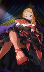 1girl bare_shoulders blonde_hair breasts bridal_gauntlets cleavage crossed_legs dress fan high_heels highres jewelry large_breasts long_hair looking_at_viewer necklace official_art priscilla_barielle re:zero_kara_hajimeru_isekai_seikatsu red_dress red_eyes sitting smile solo