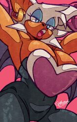 1girl animal_ears arms_up artist_name bare_shoulders blue_eyes breasts dark-skinned_female dark_skin huge_breasts lips looking_at_viewer open_mouth pink_background rouge_the_bat sonic_(series) teeth white_fur