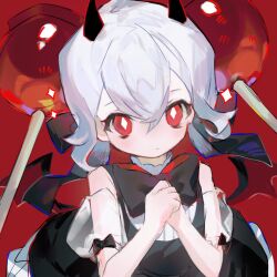 1girl black_bow black_bowtie black_dress bow bowtie candy_apple candy_apple_cookie candy_apple_hair_ornament commentary_request cookie_run cookie_run:_kingdom dress food fructoseies highres humanization looking_at_viewer open_mouth puffy_sleeves red_eyes short_hair simple_background smile white_hair