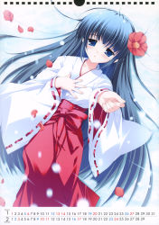 00s 1girl 2008 absurdres blue_eyes blue_hair bow calendar female_focus flower from_above hair_flower hair_ornament highres image_sample japanese_clothes long_hair lying matching_hair/eyes mikeou miko outstretched_hand petals ribbon solo very_long_hair