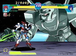 1girl 2boys amate_yuzuriha aqua_eyes aqua_shirt artist_name battle blonde_hair blue_hair char_aznable character_name chikichikibanban closed_mouth colored_inner_hair commentary_request energy_sword fake_screenshot fighting_game gquuuuuux green_eyes gundam gundam_gquuuuuux health_bar helmet holding holding_weapon jacket long_sleeves looking_at_viewer marvel_vs._capcom mecha mecha_focus mobile_suit multicolored_hair multiple_boys no_humans open_mouth parody purple_hair red_eyes red_hair red_jacket robot rx-78-2_gundam school_uniform science_fiction shield shirt short_hair shuji_ito style_parody sweater sword tank_top thrusters two-tone_hair v-fin video_game watermark weapon zeon
