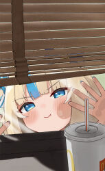 Rule 34 | 1girl, against glass, blonde hair, blue eyes, blue hair, blush, closed mouth, commentary, cup, disposable cup, english commentary, highres, indie virtual youtuber, kurushiro1102, looking at viewer, multicolored hair, sameko saba, solo, streaked hair, virtual youtuber