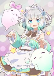 Rule 34 | 1girl, absurdres, ahoge, apron, blush, bow, bowtie, brown bow, brown bowtie, detached collar, detached sleeves, dress, fang, ghost girl, gradient hair, green dress, green sleeves, hair bow, hair ornament, highres, icorasama, indie virtual youtuber, maid, maid headdress, mint fantome, mint fantome (minto 2.0), multicolored hair, skin fang, triangular headpiece, wisps (mint fantome), wispy bangs, x hair ornament