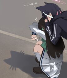 2girls airi_(blue_archive) animal_ears black_hair black_hoodie blue_archive blush brown_hair brown_shoes cat_ears cat_girl cat_shadow_puppet_(meme) commentary day double_w extra_ears food-themed_hair_ornament full_body green_halo hair_ornament halo heart highres hood hood_down hoodie ice_cream_hair_ornament kazusa_(blue_archive) kneehighs loafers long_hair long_sleeves meme miniskirt momocadraw multicolored_hair multiple_girls outdoors pink_hair pink_halo pleated_skirt road school_uniform shadow shirt shoes skirt socks squatting straight_hair translation_request two-tone_hair w white_shirt white_skirt white_socks
