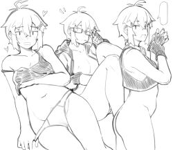 Rule 34 | 1girl, ahoge, arm under breasts, blush, bottomless, breasts, camisole, cigarette, commentary request, cowboy shot, female pubic hair, fingerless gloves, fukana miyu (kokuya28), glasses, gloves, greyscale, hair ornament, heart, highres, kokuya (kokuya28), looking at viewer, looking to the side, medium breasts, monochrome, nipples, one eye closed, open mouth, original, panties, panty pull, pubic hair, pubic hair peek, simple background, smile, underwear, x hair ornament